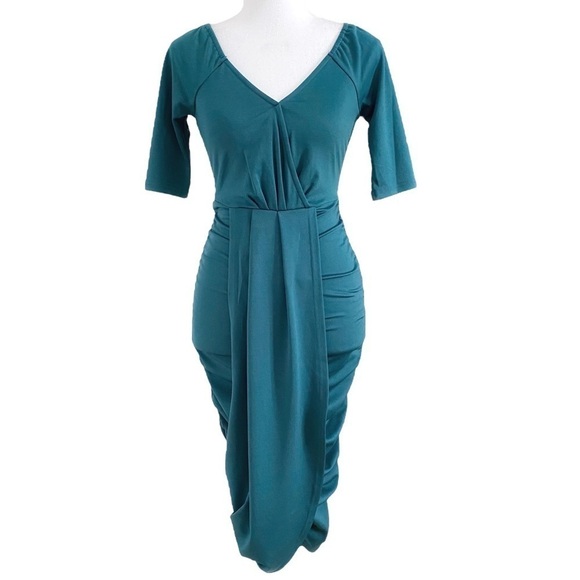VOODOO VIXEN GEORGINE EMERALD RUCHED FAUX WRAP V-NECK BODYCON DRESS - XS - Picture 1 of 12